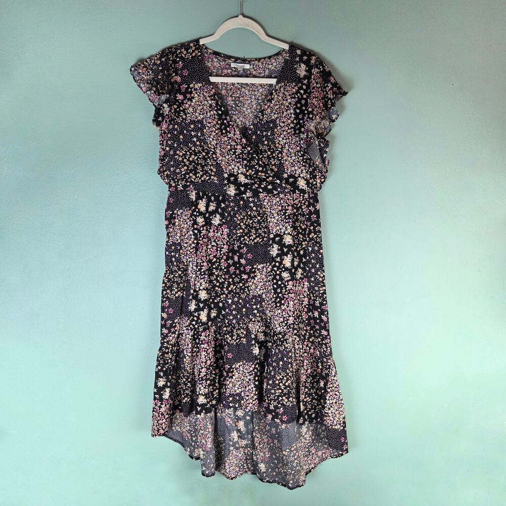 Maurices Womens Medium Black Floral Print Flutter Sleeve High Low Midi Dress